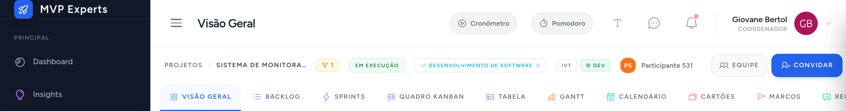 Barra de abas de um projeto com subprojetos, com Cartões, Marcos e Reunião