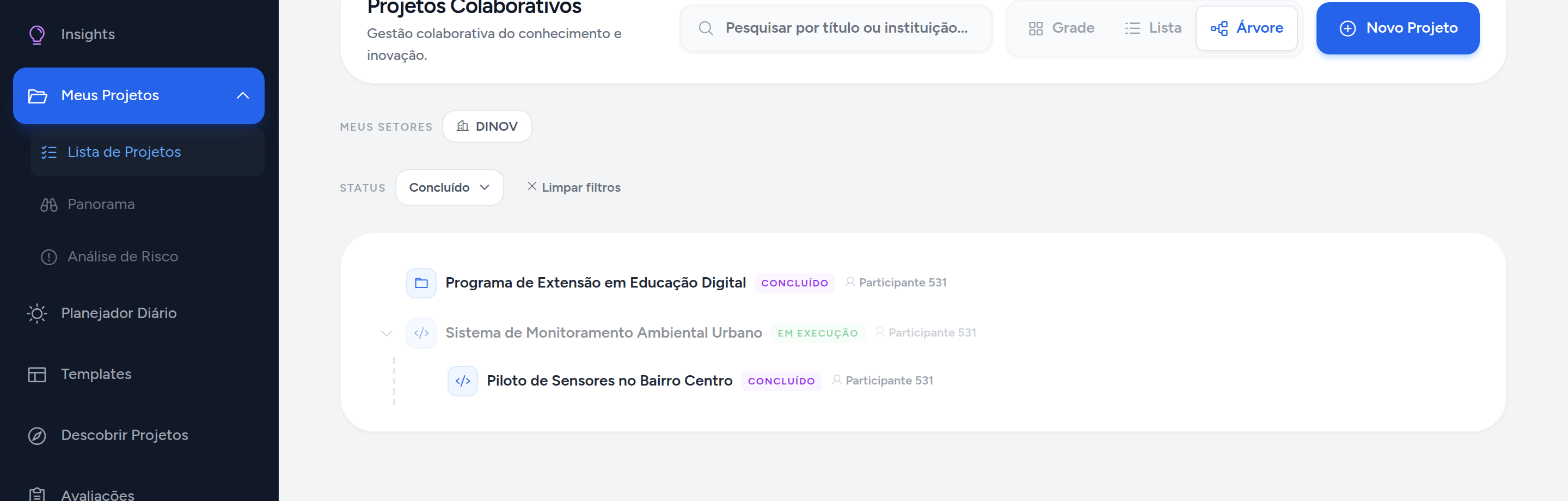 Árvore filtrada por Concluído, com o projeto pai esmaecido servindo de contexto