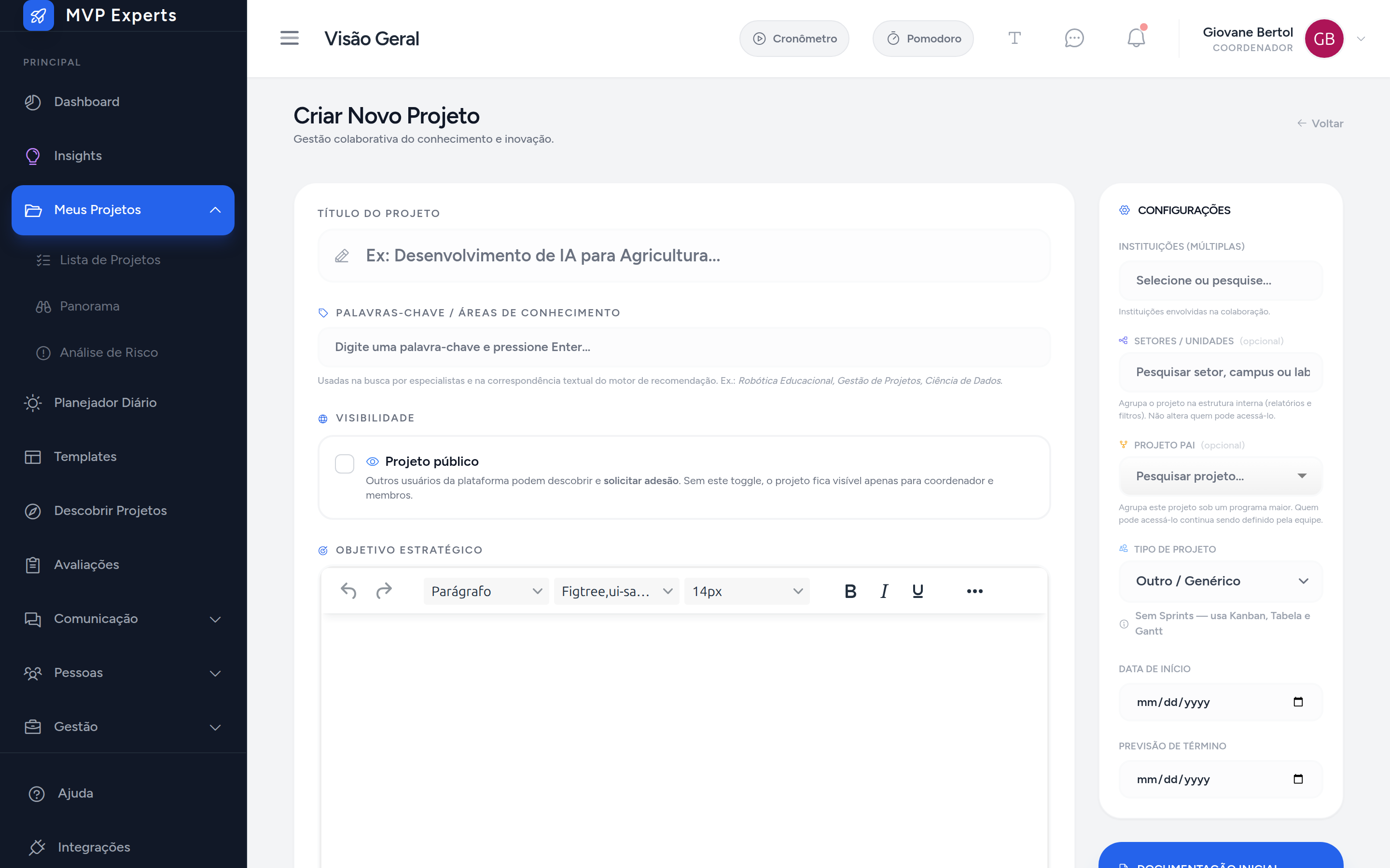 Formulário de criação de projeto