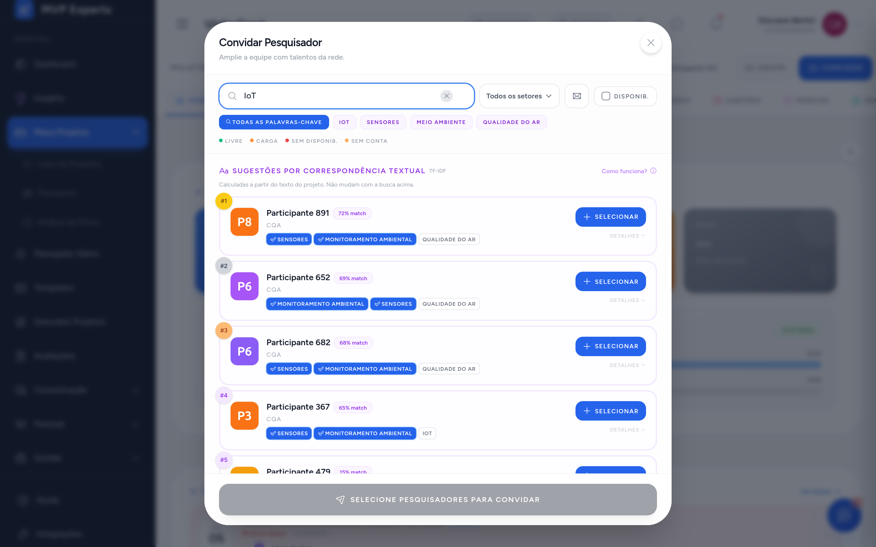 Modal de convite de pesquisador, com a busca e as sugestões por correspondência textual
