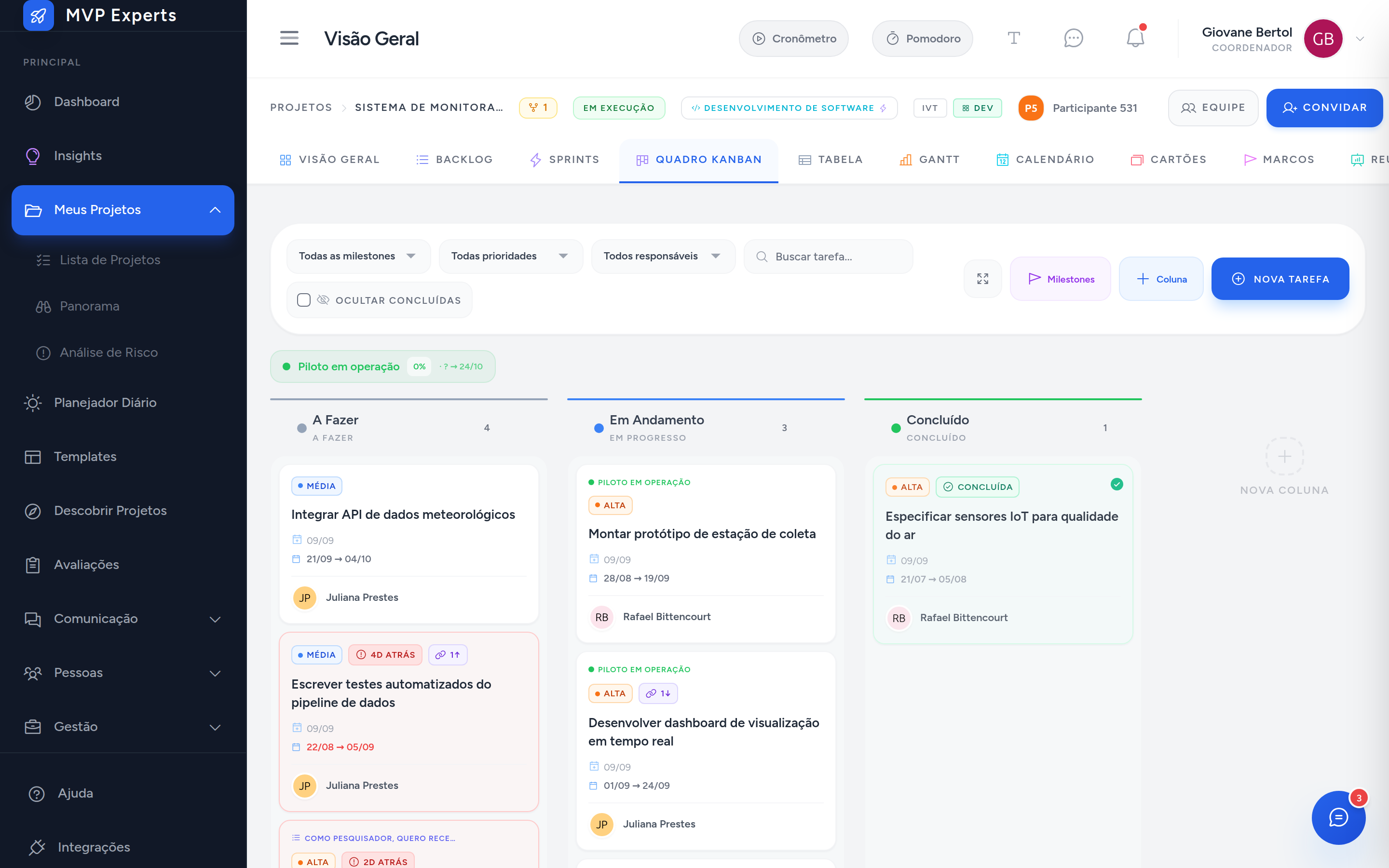 Quadro Kanban com as colunas A Fazer, Em Andamento e Concluído