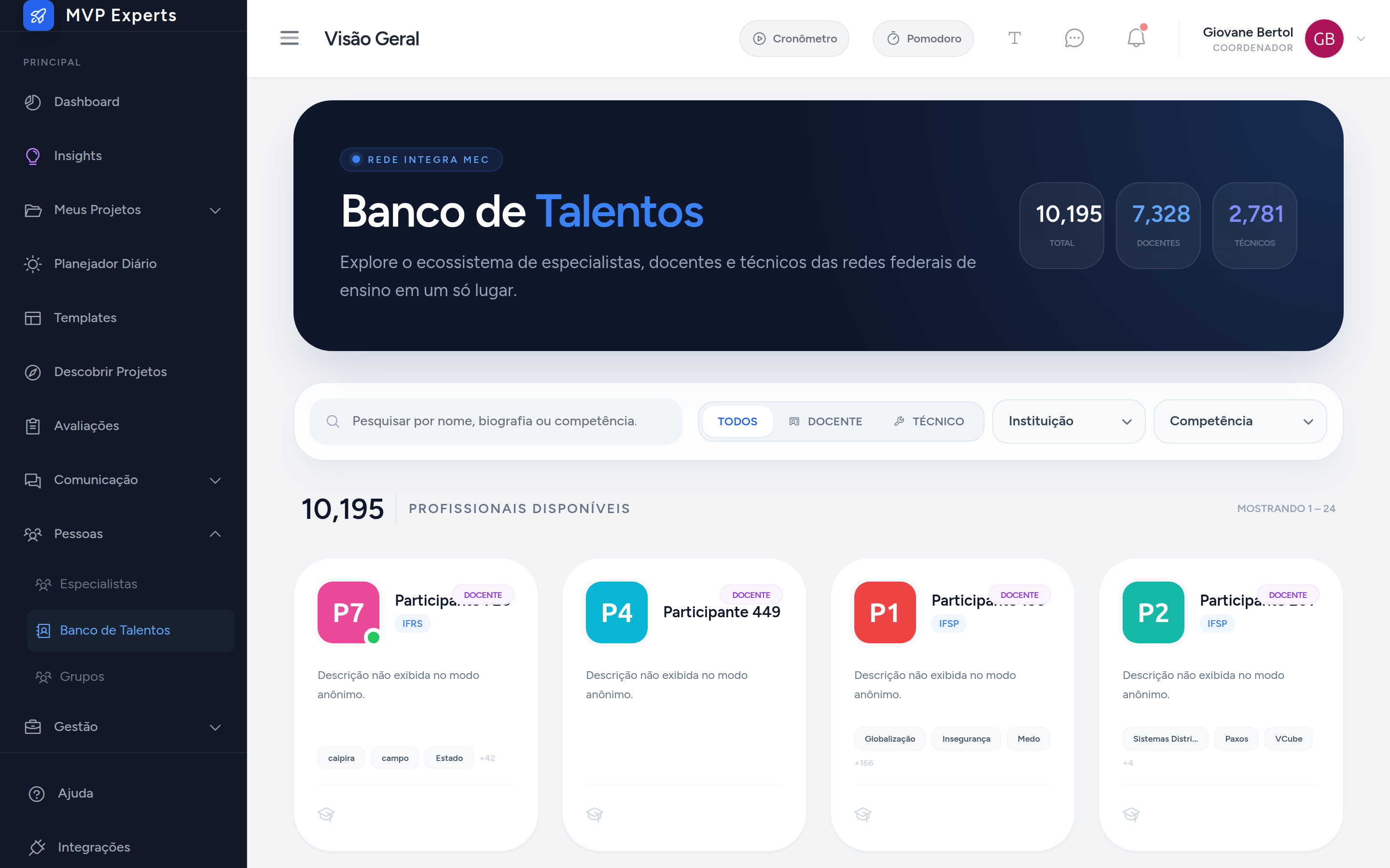 Banco de Talentos com estatísticas da rede e cartões de perfis