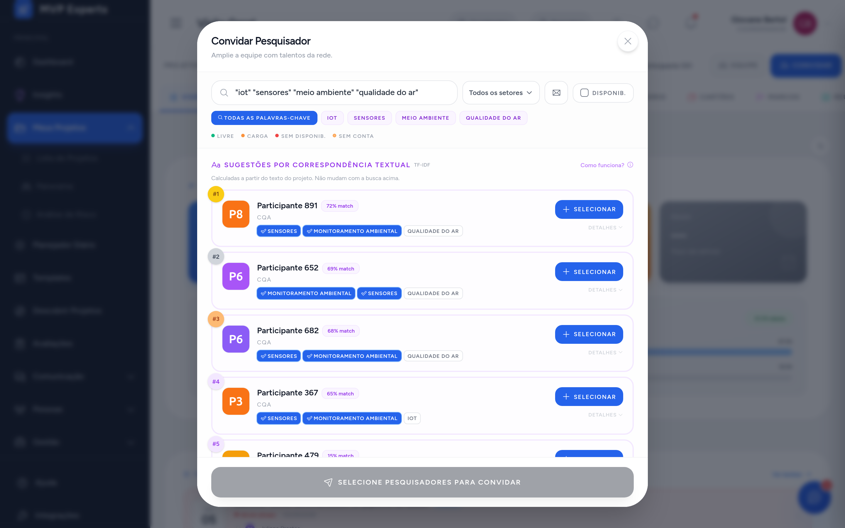 Modal de convite com as sugestões por correspondência textual e os pesquisadores da rede