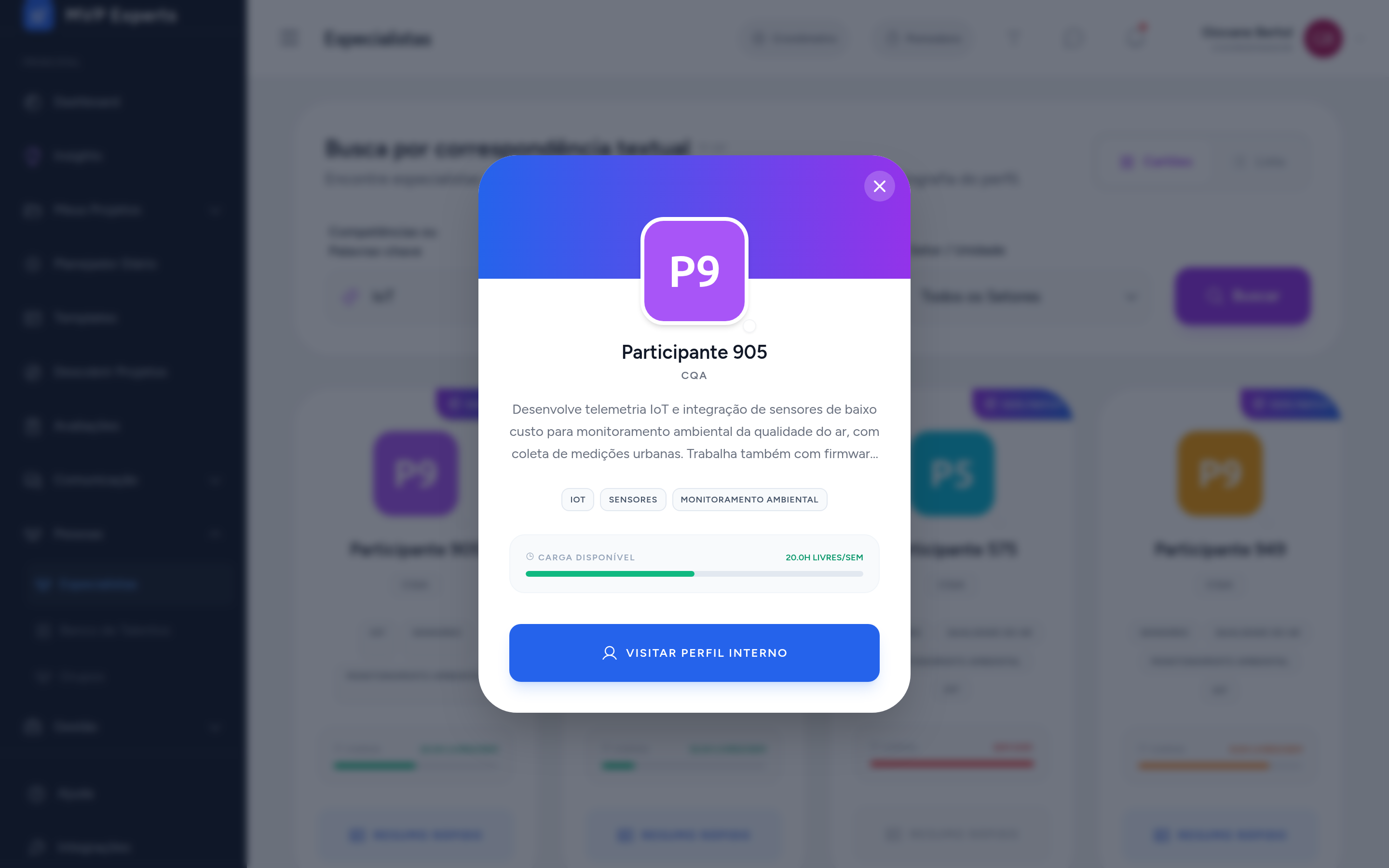 Modal de resumo rápido de um especialista
