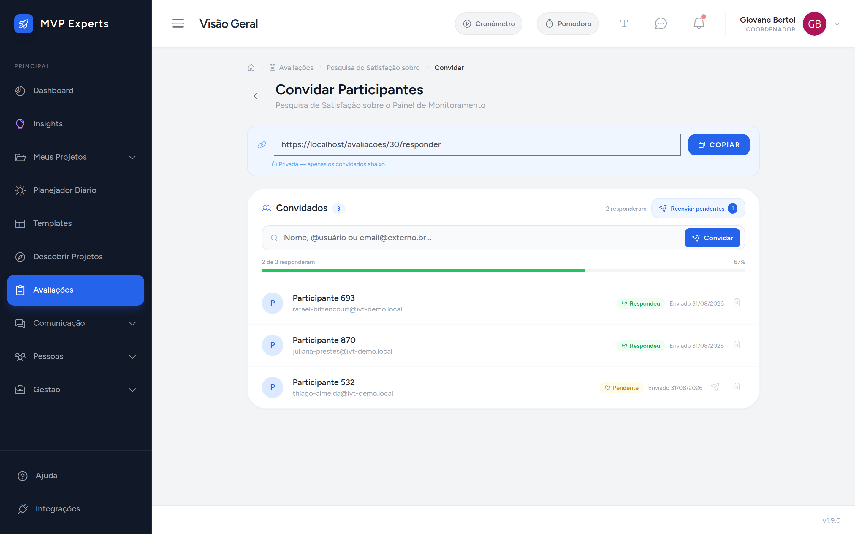 Tela de convite, com o link da avaliação e a lista de convidados