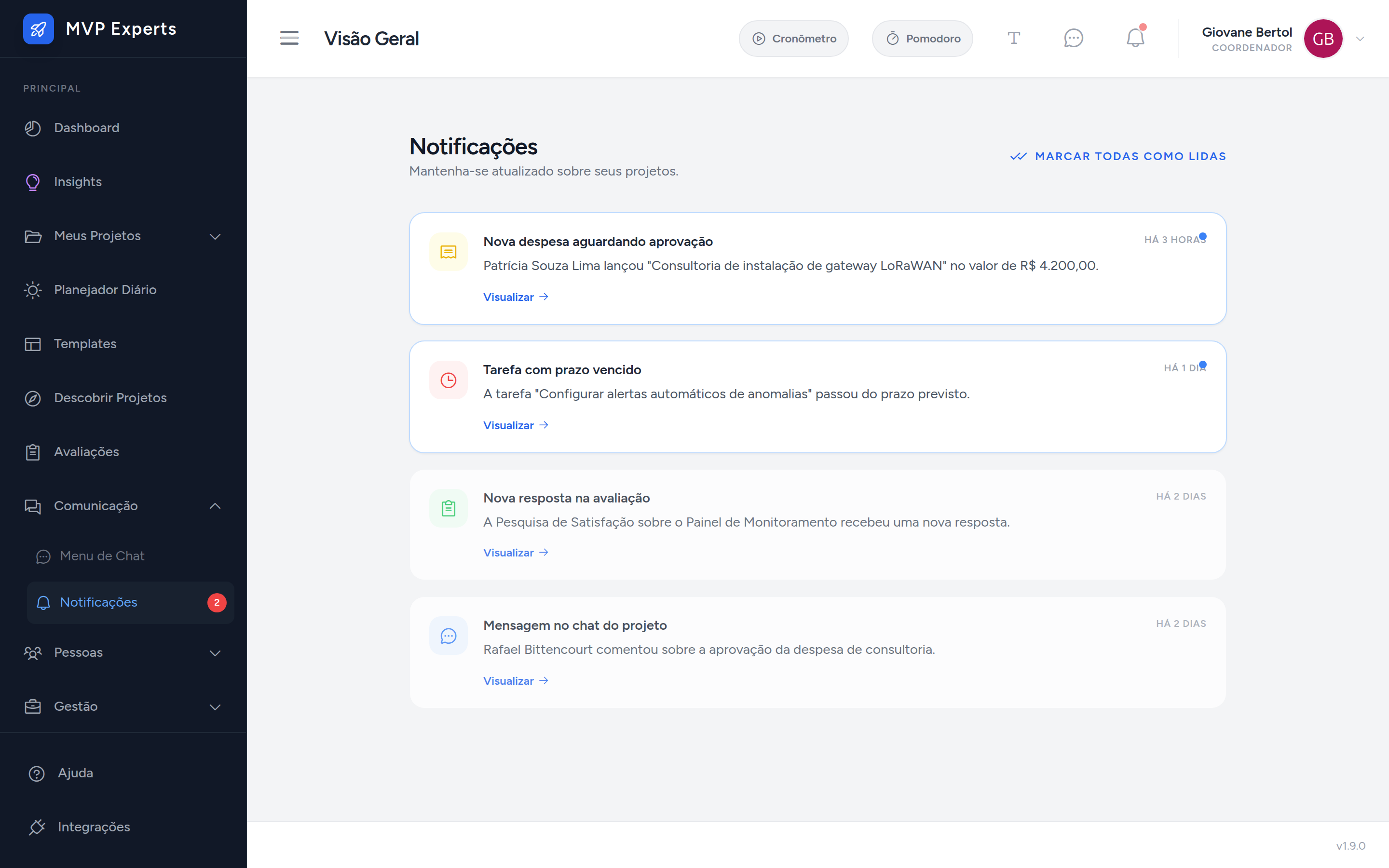 Central de notificações com itens lidos e não lidos