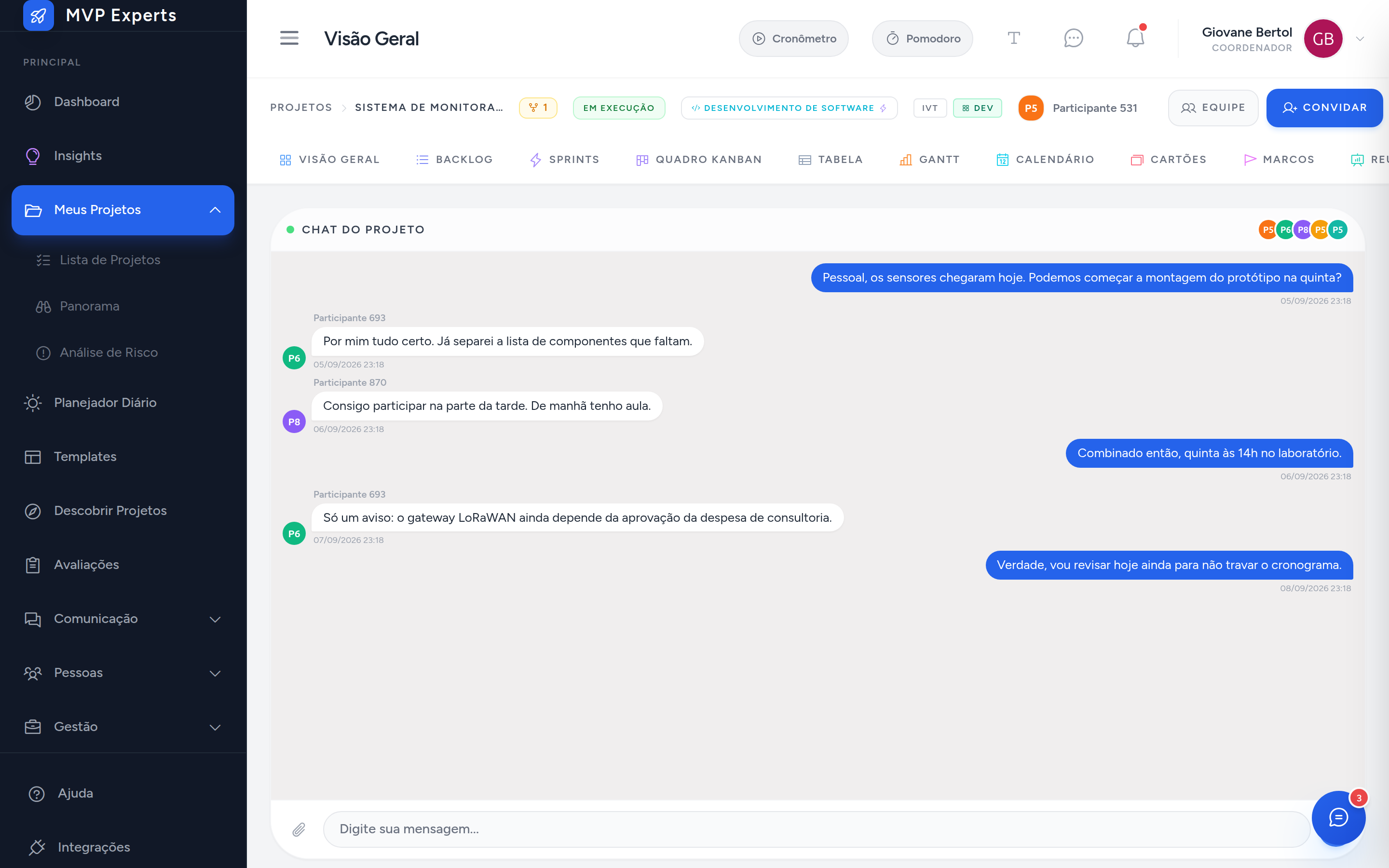 Chat do projeto com o histórico de mensagens da equipe