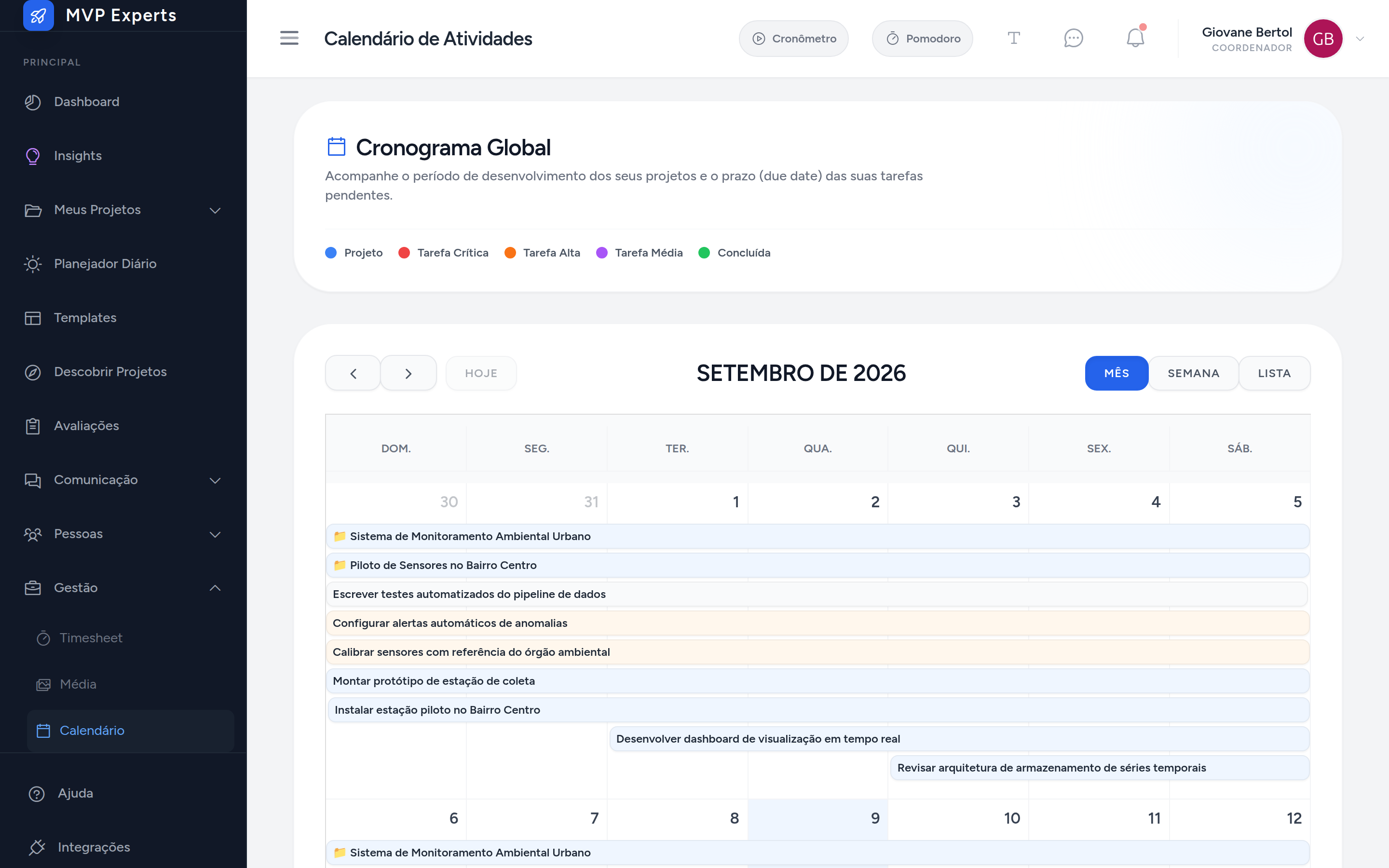 Calendário global com prazos de todos os projetos