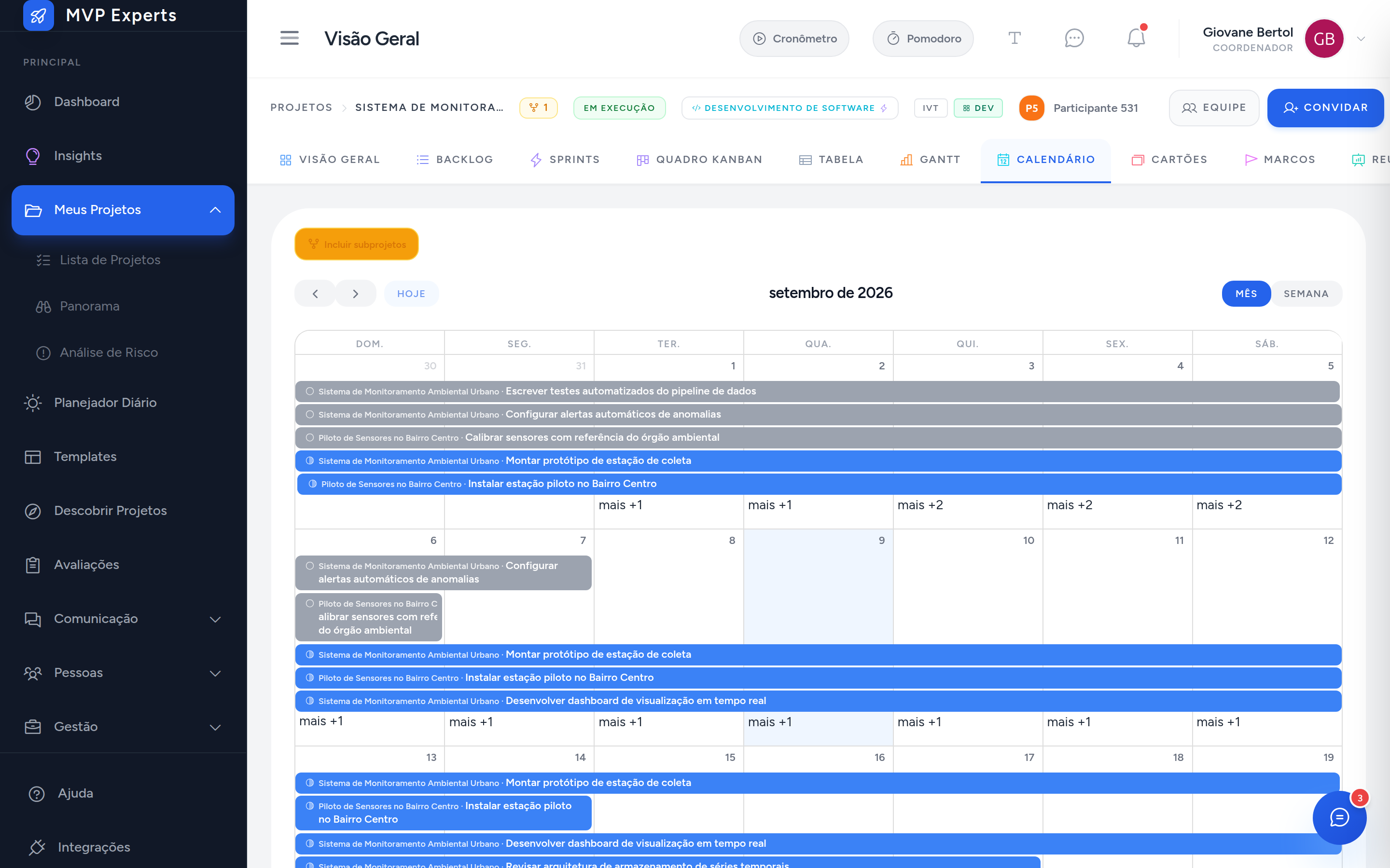 Calendário do projeto pai com o botão Incluir subprojetos e eventos de mais de um projeto