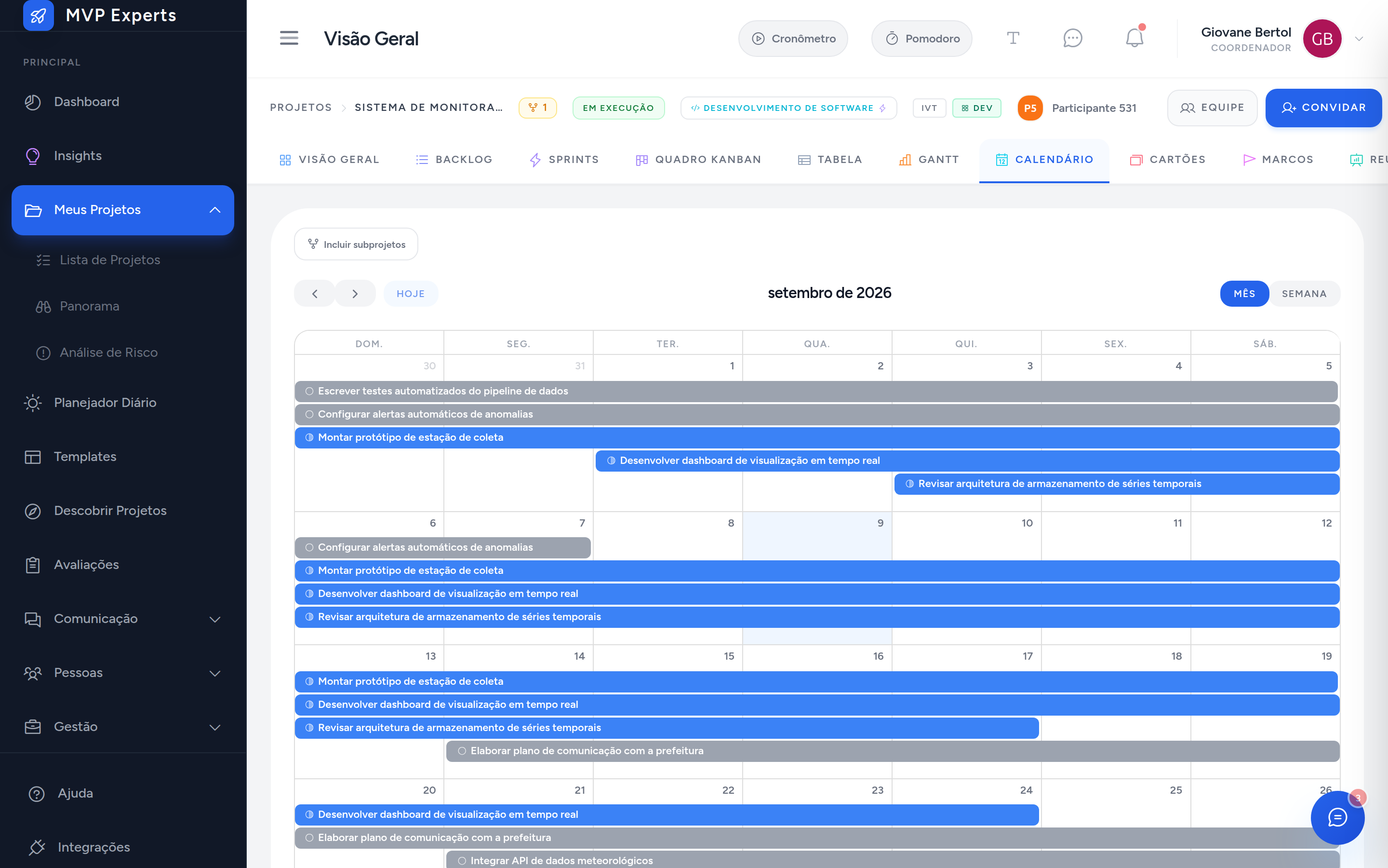 Calendário de um projeto, com as tarefas distribuídas nos dias