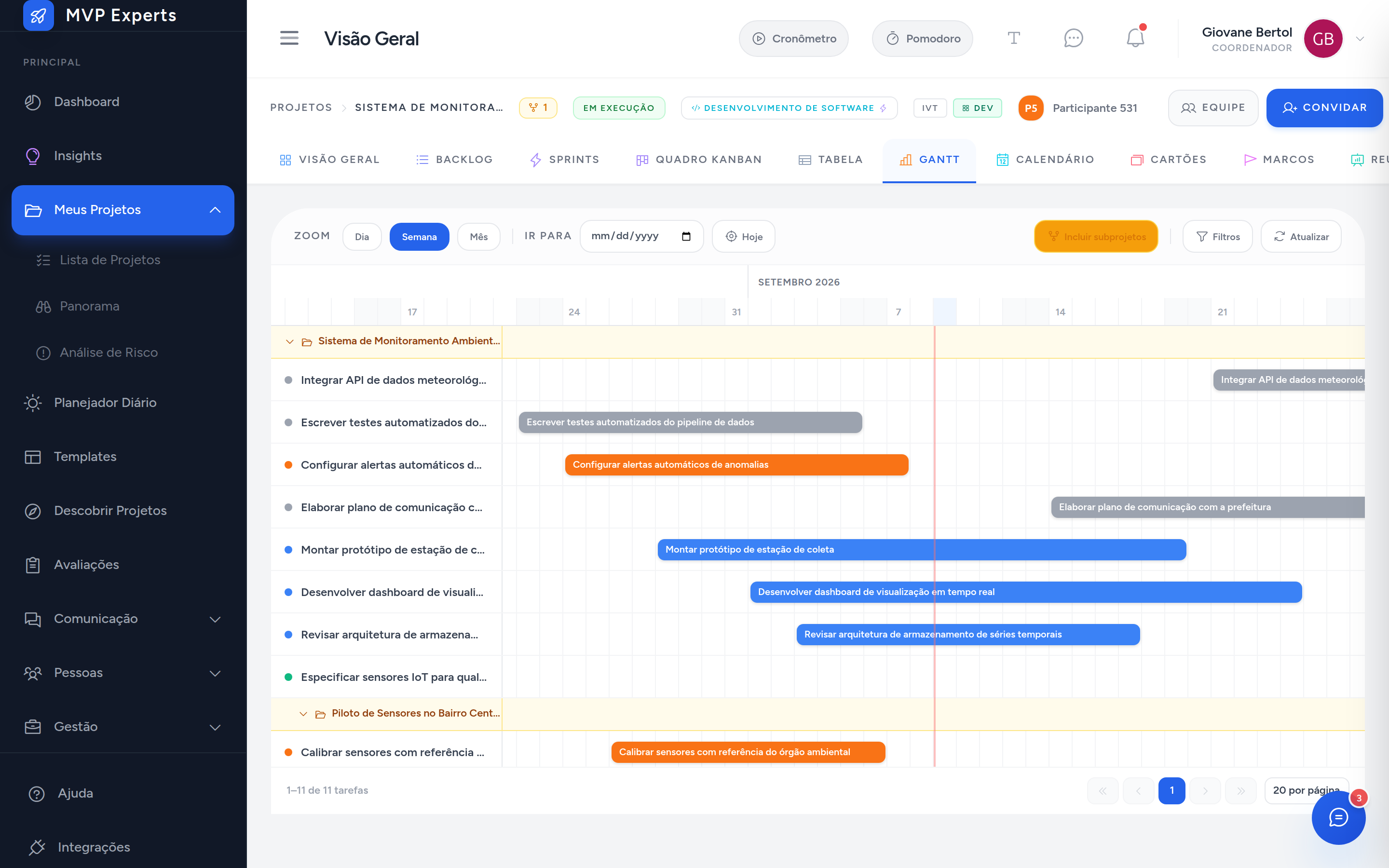 Gantt com subprojetos incluídos, tarefas agrupadas por projeto