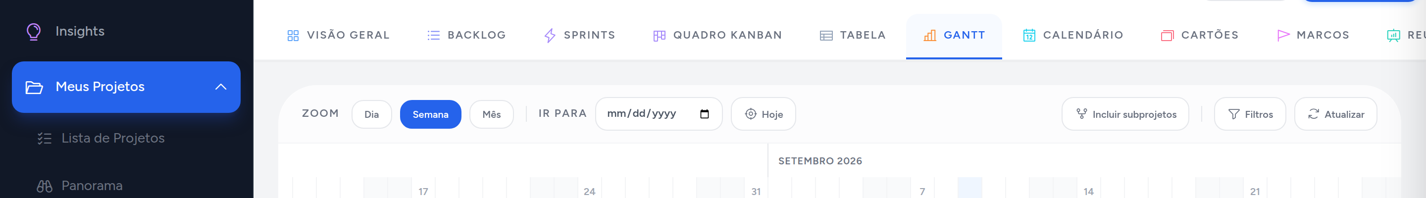 Barra de ferramentas do Gantt, com o botão Incluir subprojetos desligado