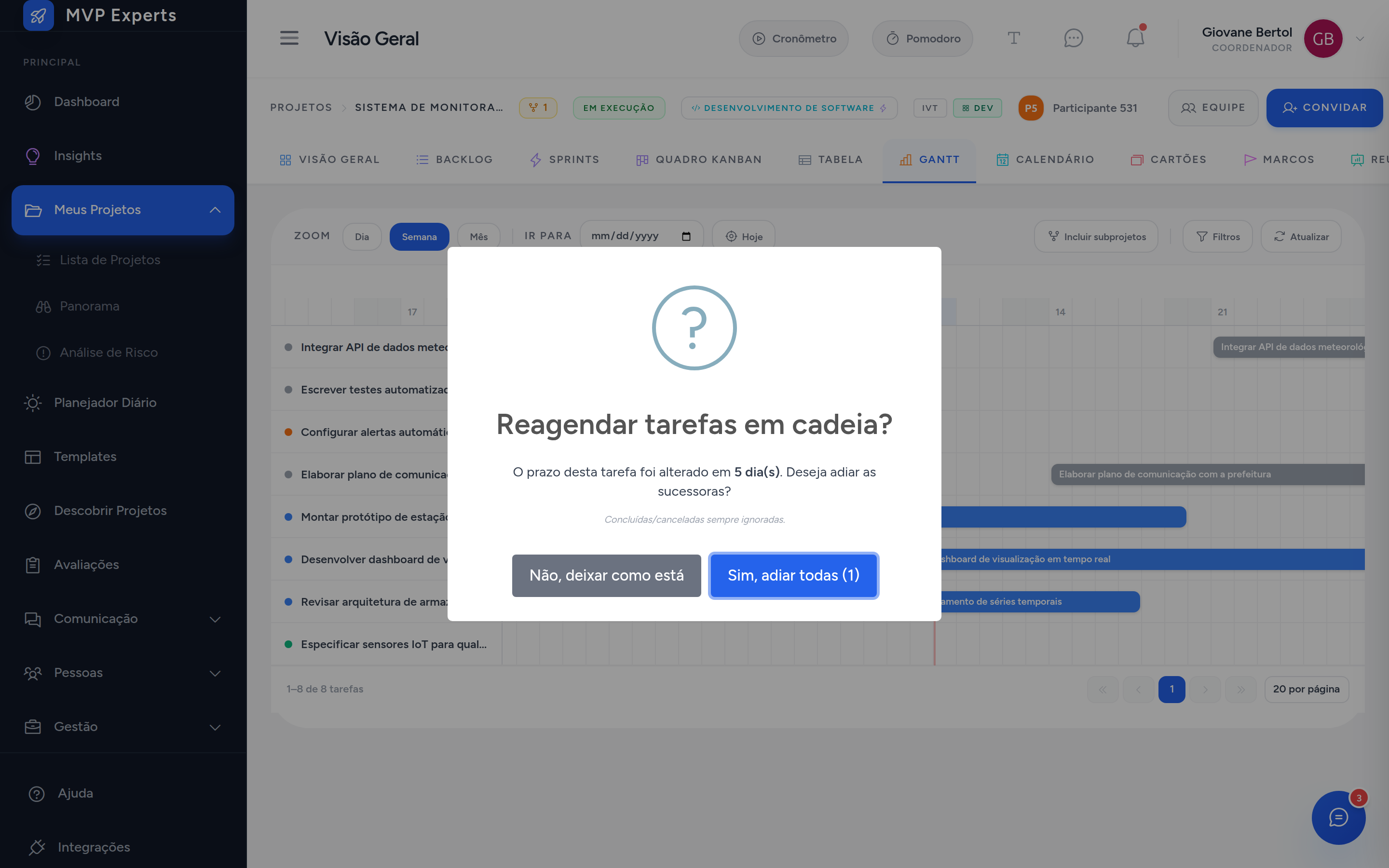 Diálogo perguntando se as tarefas sucessoras devem ser reagendadas