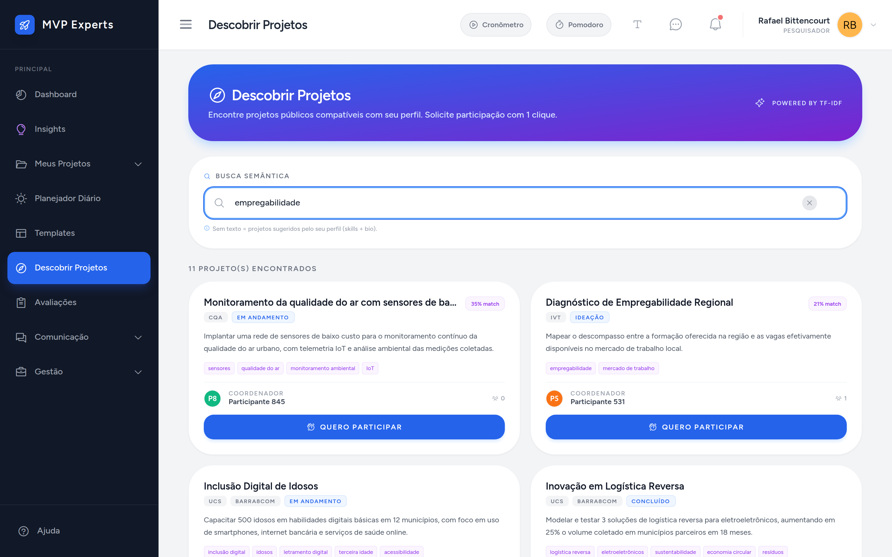 Busca por palavra-chave na descoberta de projetos