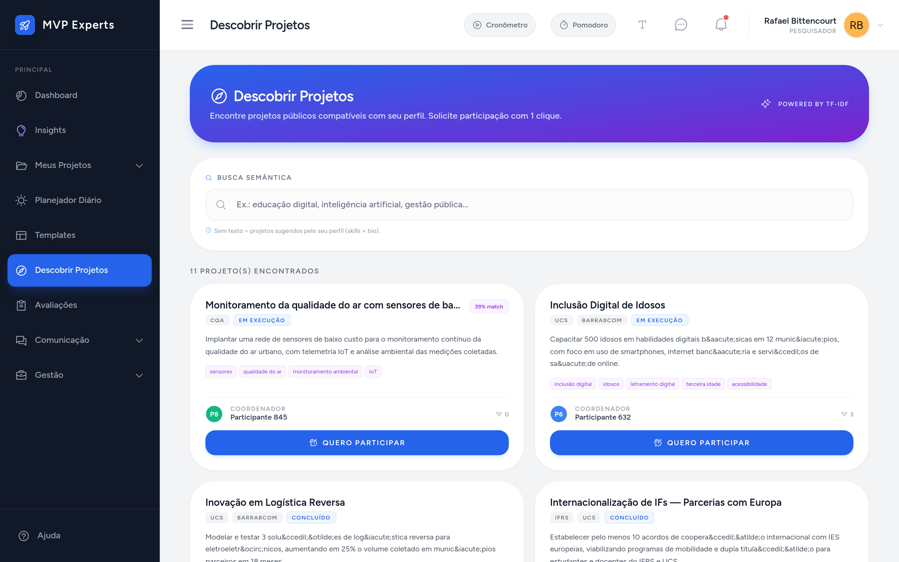Lista de projetos abertos a novos participantes