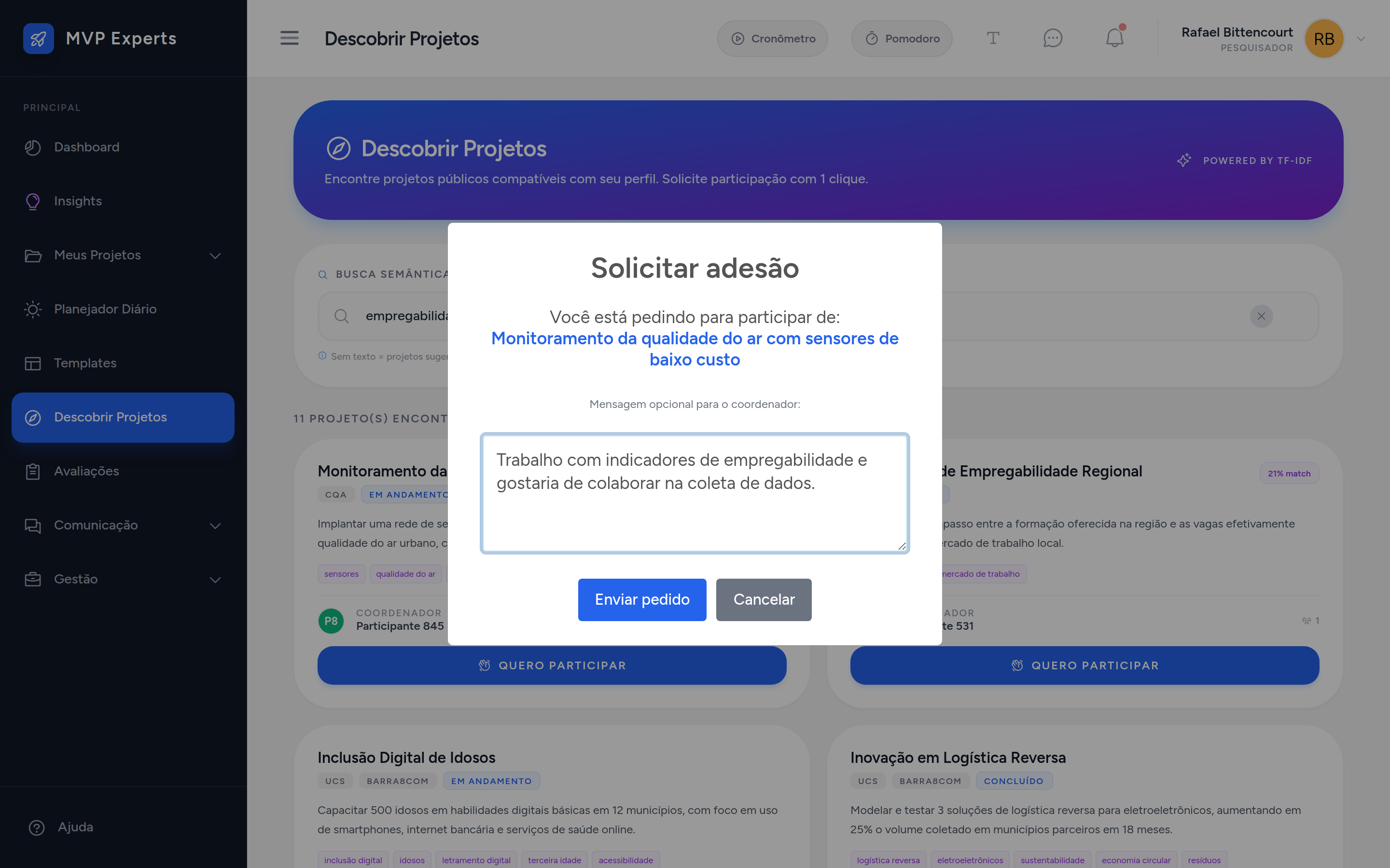 Formulário de pedido de adesão a um projeto