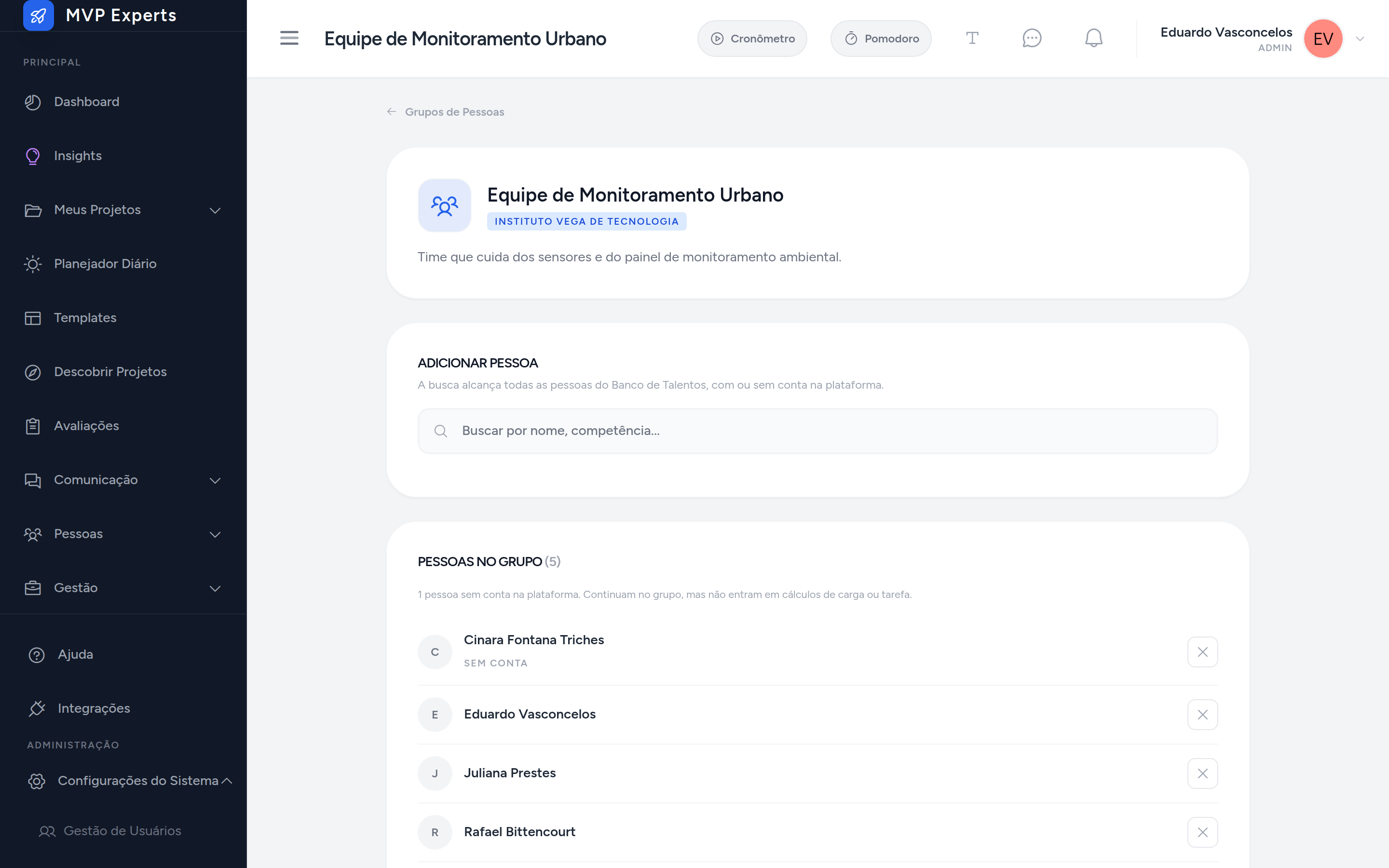 Ficha de um grupo, com a lista de membros e o campo de busca