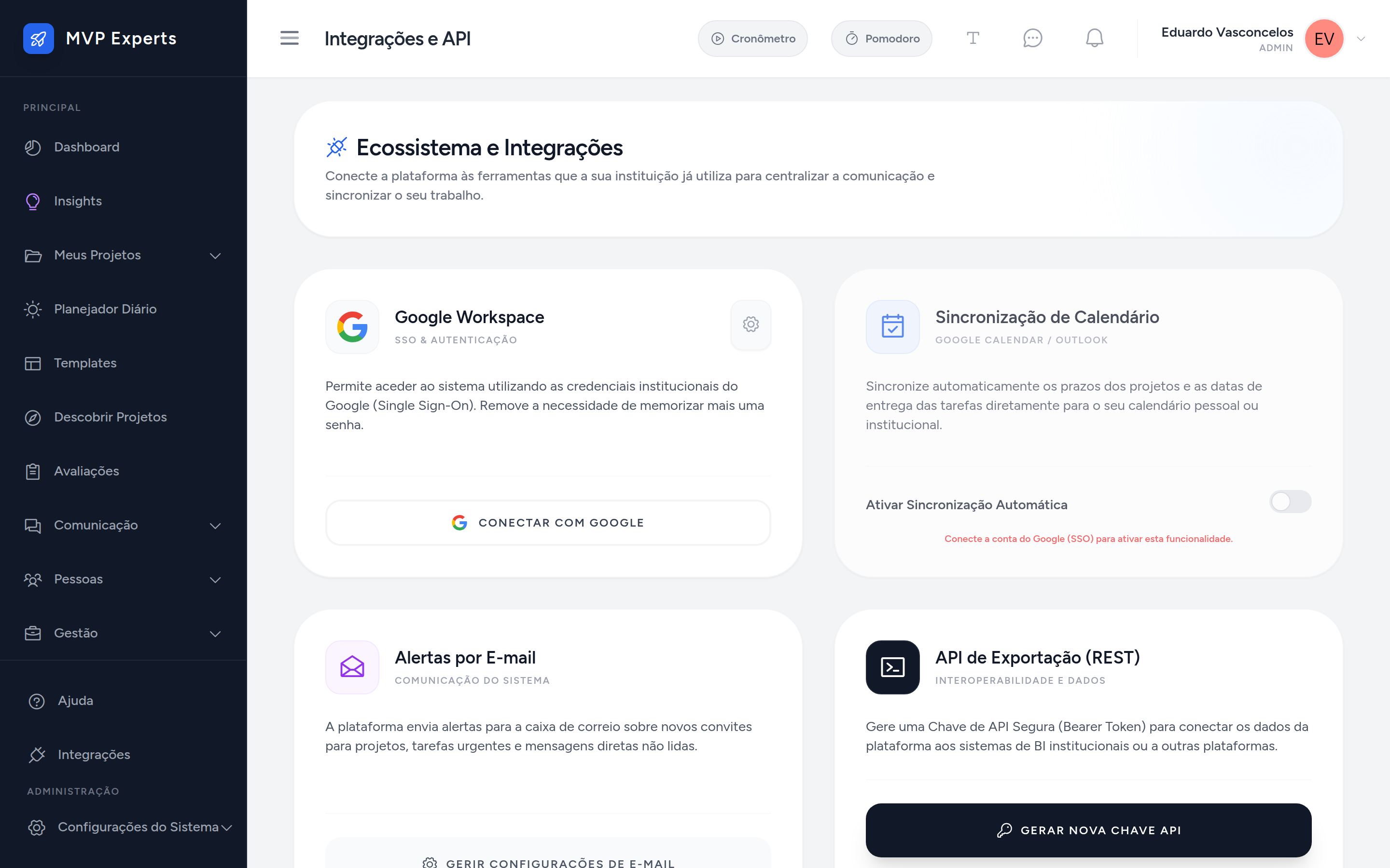 Página de integrações da plataforma